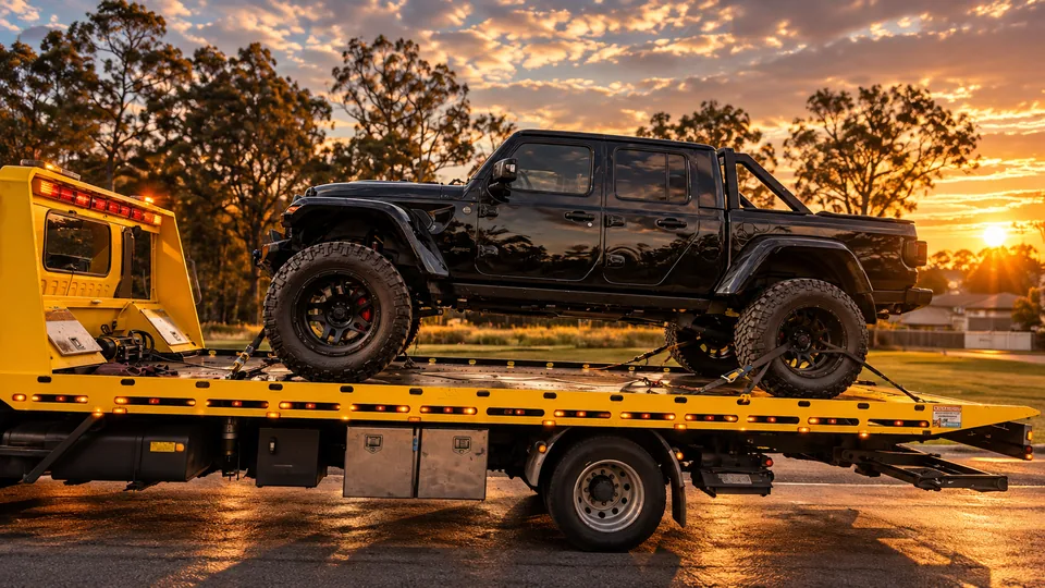 Vehicle transport Brisbane with a 4WD secured on a tilt tray