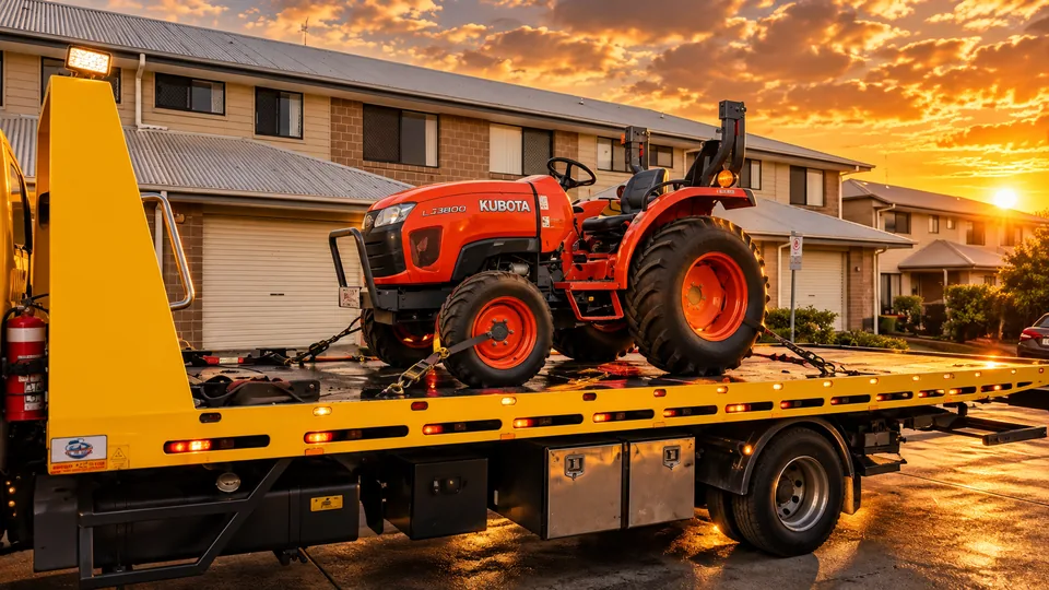 Machinery transport Brisbane with compact equipment on a tilt tray